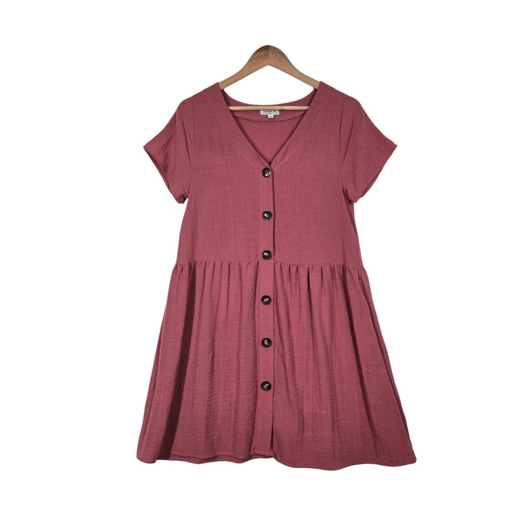 One World Boho Babydoll Mini Dress S Terracotta Rose Button Bodice Minimalist